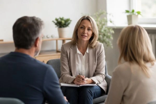 Couple discussing financial arrangement , pensions in divorce Eastleigh